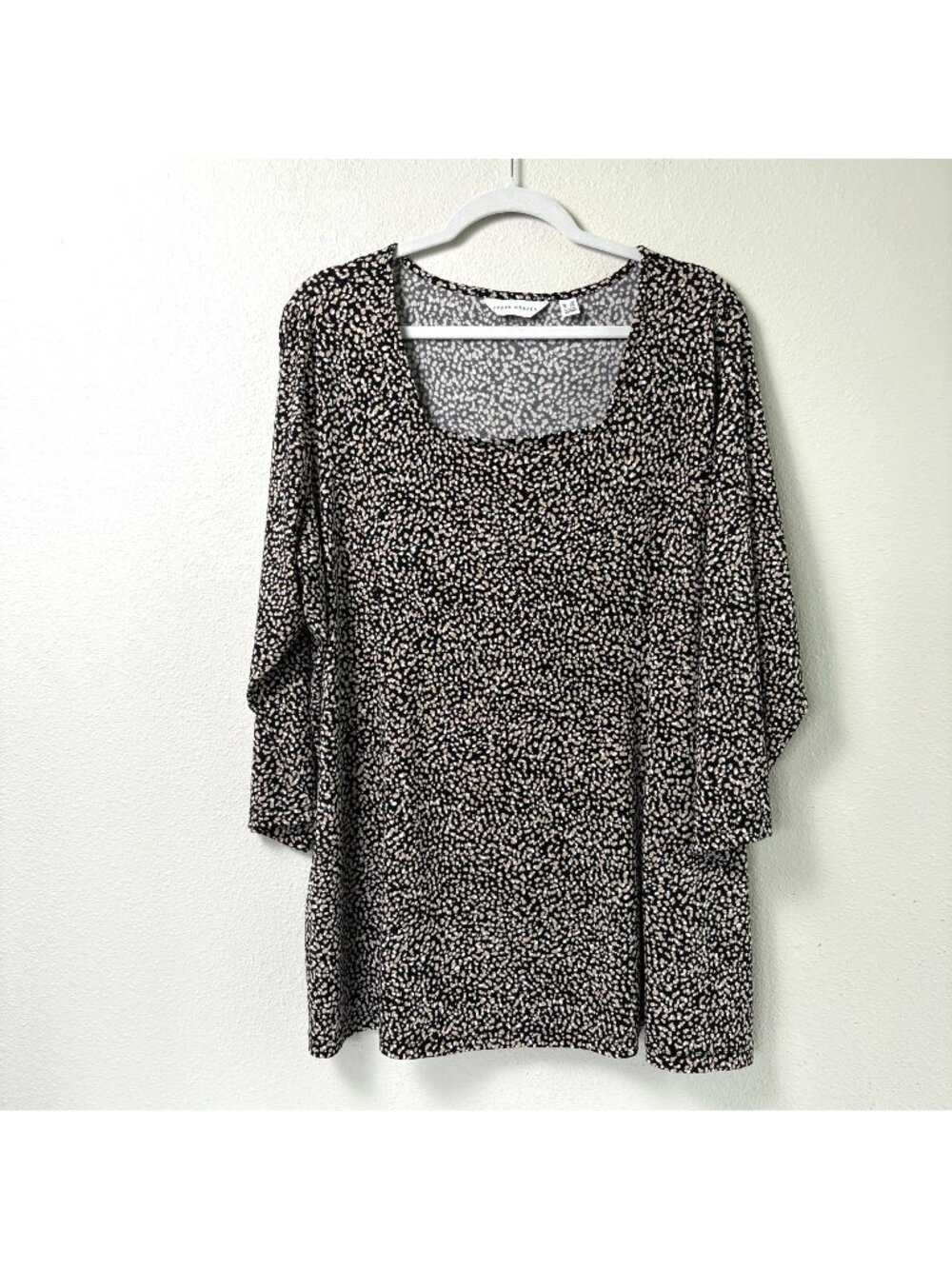 Susan Graver Liquid Knit Fit & Flare Tunic Top Size 2X Tan Black 3/4 Sleeve